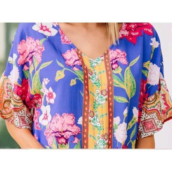 Umgee Tie Front Boho Hippie Blouse Womens Size Medium Folkloric Flutter Sleeve - Picture 10 of 10